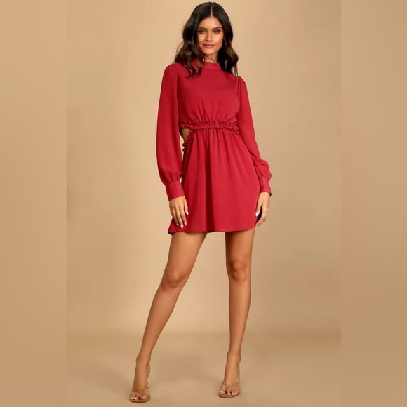 Lulus Autumn Bliss Rusty Rose Long Sleeve Cutout Mini Dress Size L - Picture 1 of 16